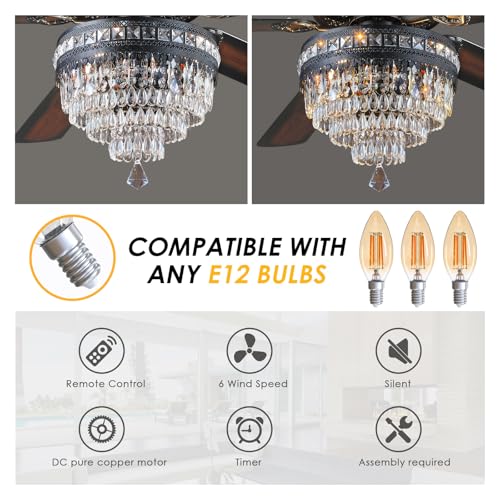 62" Black Crystal Chandelier Ceiling Fans with Lights and Remote Control (Black-62IN)