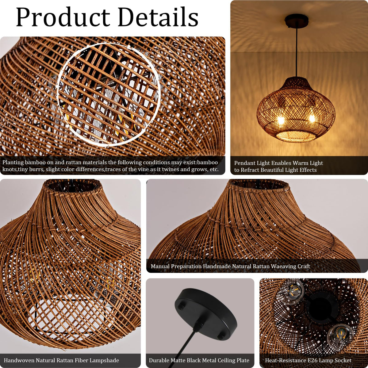 15" Rattan Pendant Light (Metal+Brown / 14.96" 2-Light)