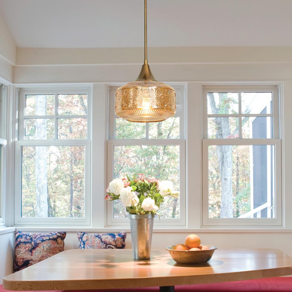 Gold Pendant Lights Kitchen Island Amber Glass Pendant Light for Island (Gold+Amber Glass / 9.25in)