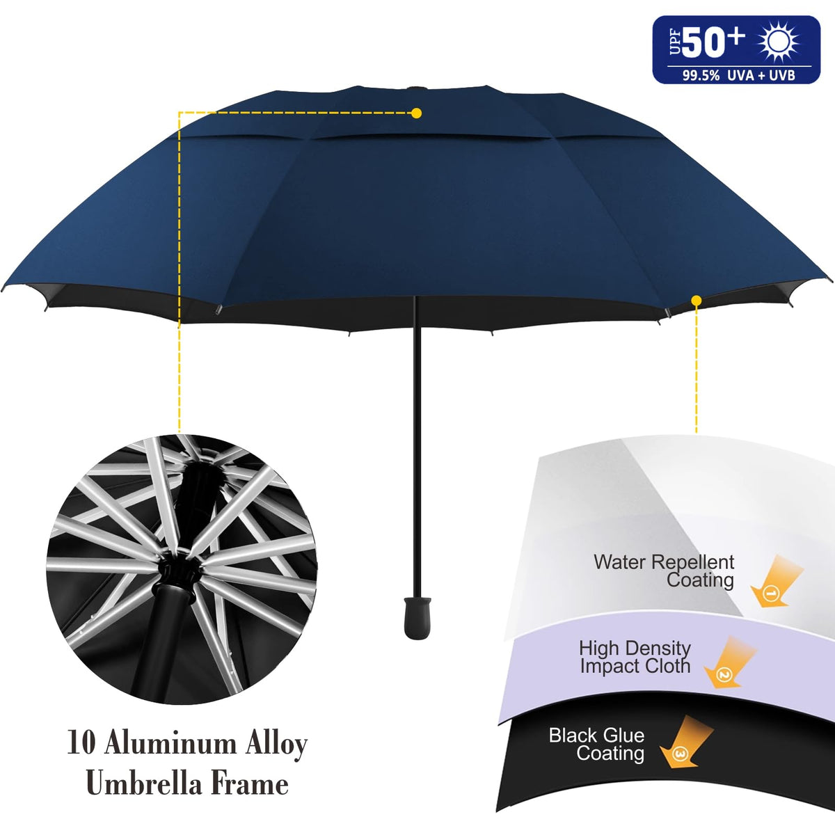 UPF 50+ Golf Umbrella with Adjustable Universal Clamp Portable Umbrellas for Rain (Bavy Blue / 49.2")