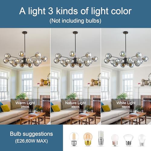 16 Lights Black and Gold Large Glass Globe Mid Century Sputnik Chandelier (Black 16-Light)