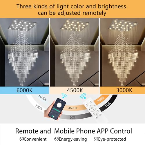 W47 x H120 Luxury Crystal Chandelier with LED Bulbs Glam Raindrop High Ceiling Square Light Chandeliers for Entrance Large Villa Foyer Living Room Lighting Fixtures Silver (Silver / Square W47" X H118")