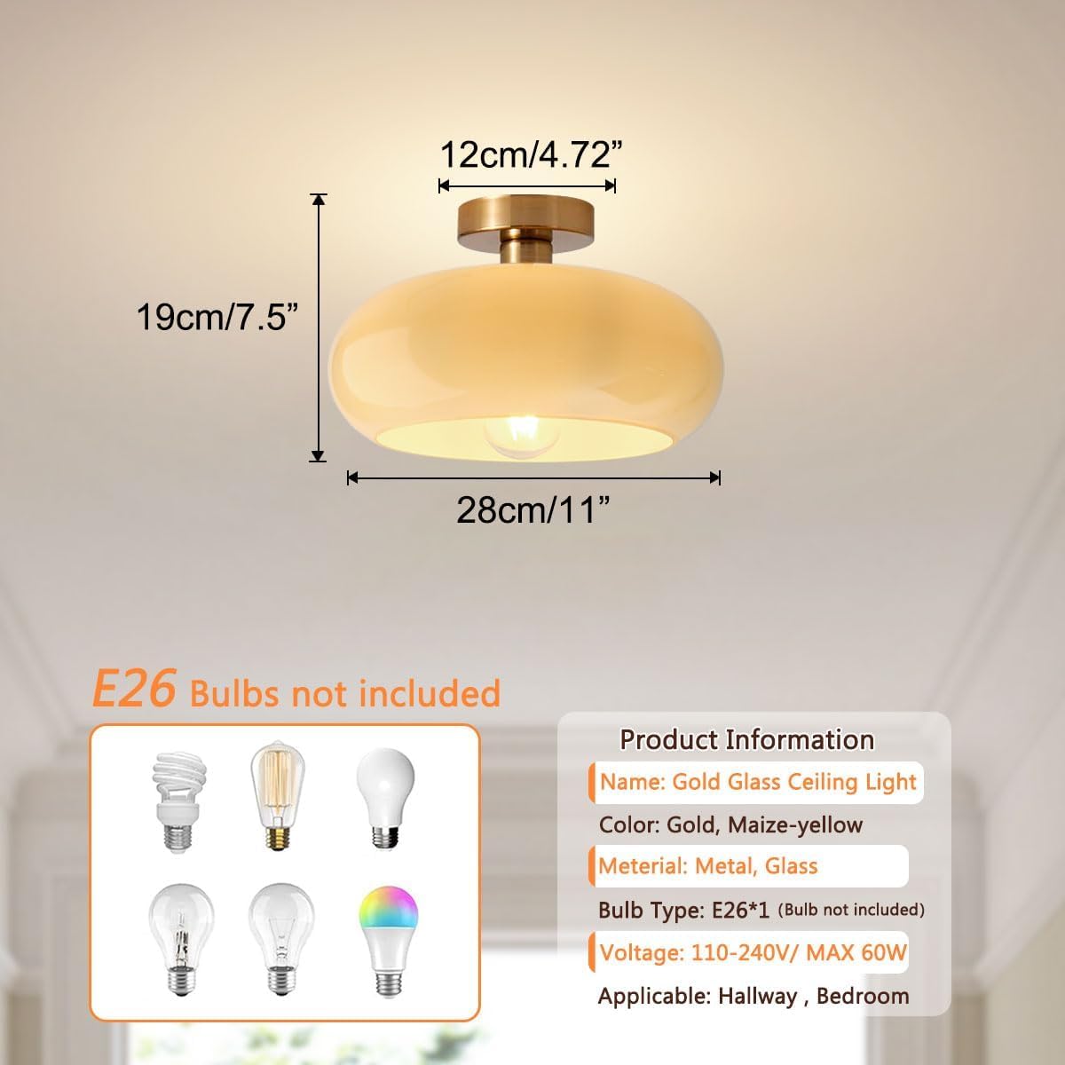 Gold Brass Flush Mount Ceiling Light Fixtures Mid Century Modern Ceiling Lights Brushed Milk Yellow Shade Glass Semi Flush Mount Light for Farmhouse Hallway Kitchen Sink Ceiling Lamp (Flush-Milk Yellow 2)