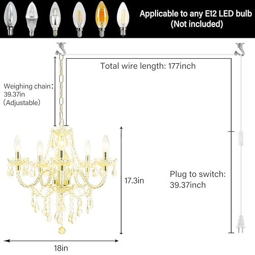 Plug in 5 Light Gold Acrylic Crystal Hanging Pendant Chandelier (Gold)