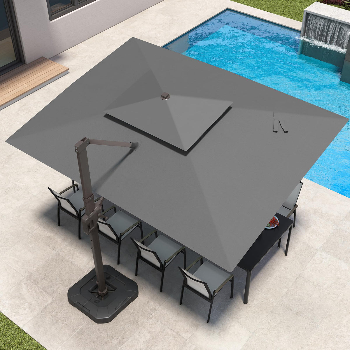 9x12 FT Patio Cantilever Outdoor Umbrella with Base and LED Lights (Grey)