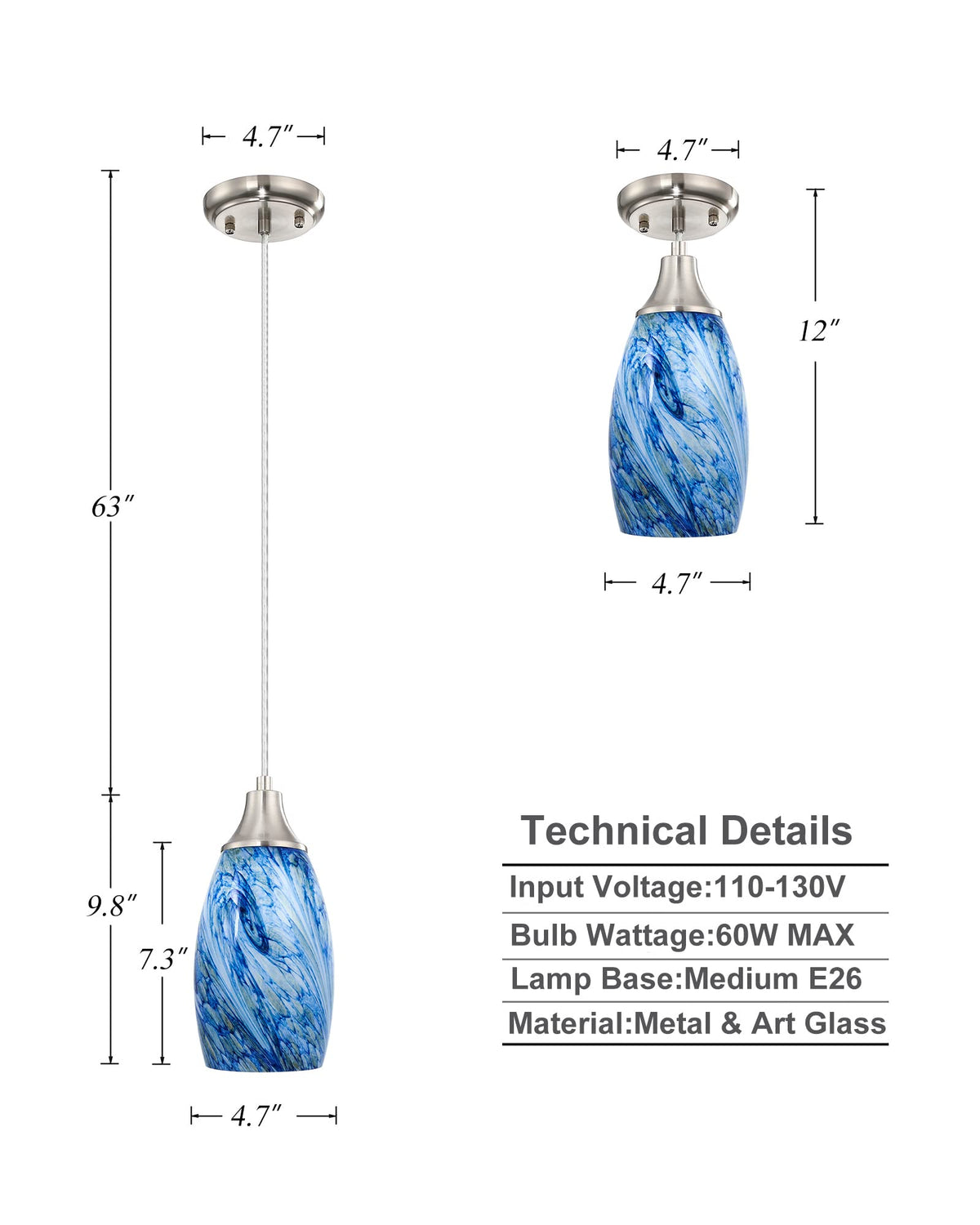 Mini Pendant Lights Kitchen Island White Blue Glass Lamp Shade Hand Blown Glass Pendant Light with Brush Nickel Finish Adjustable Cord for Kitchen Over Sink Hallway (Blue white mixed yellow whirlpool-1Pack)