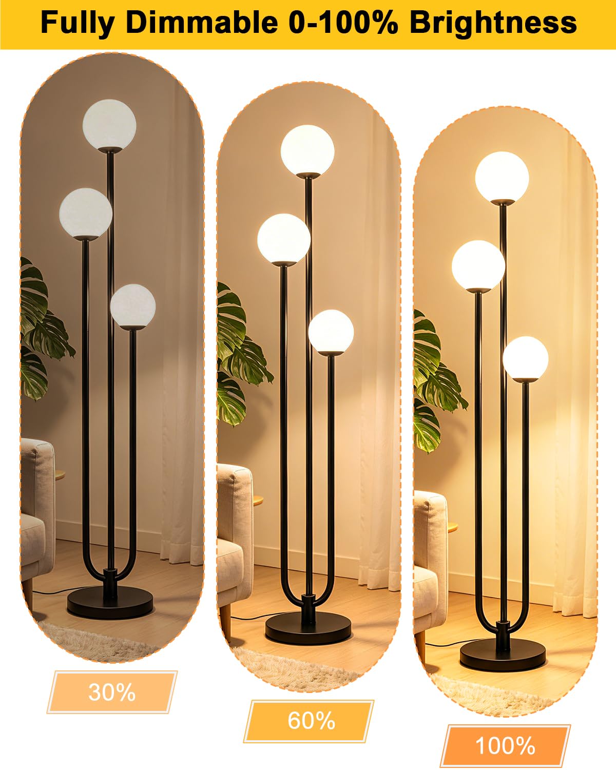 63IN 3 Light Dimmable Globe Floor Lamp Unique Black Tall Lamps (Black-3U)