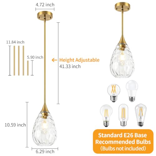 Brushed Gold Pendant Lights Kitchen Island Hammered Glass Light Fixtures (1 Pack Gold)