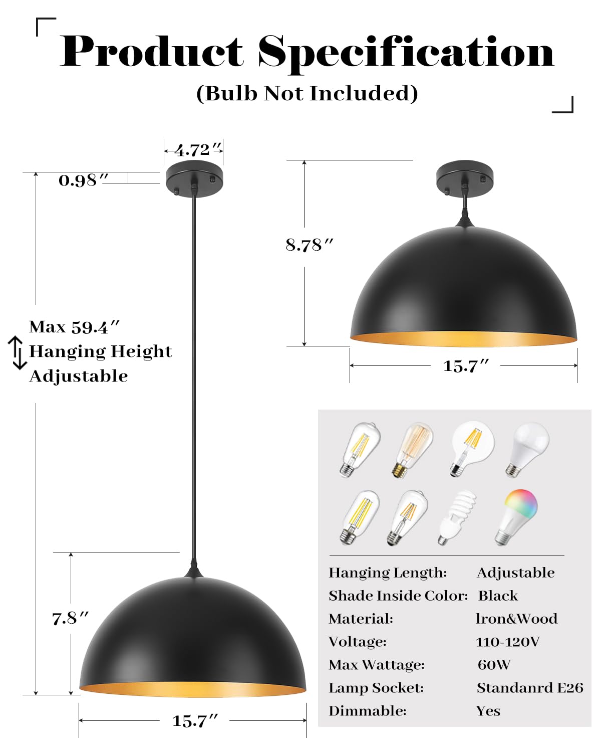 Black Pendant Lights Kitchen Island (Black+Gold / 16"x2)