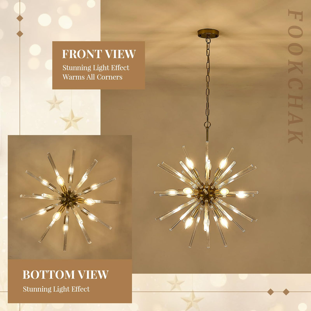 Starburst Glass Chandelier for Entry Foyer Gold Crystal Chandelier 24in (Gold / Clear / 24.10 inch)
