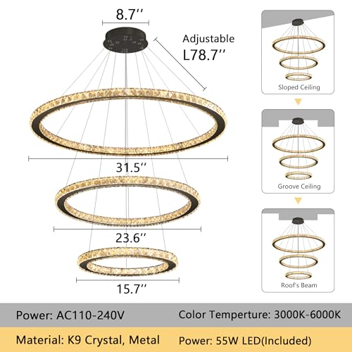 Crystal Chandelier Modern Dimmable LED Ceiling Light Fixture with Remote 3 Rings Stainless Steel Pendant Lighting for Living Room Dining Room Foyer Black (Black / 3-Ring 32")