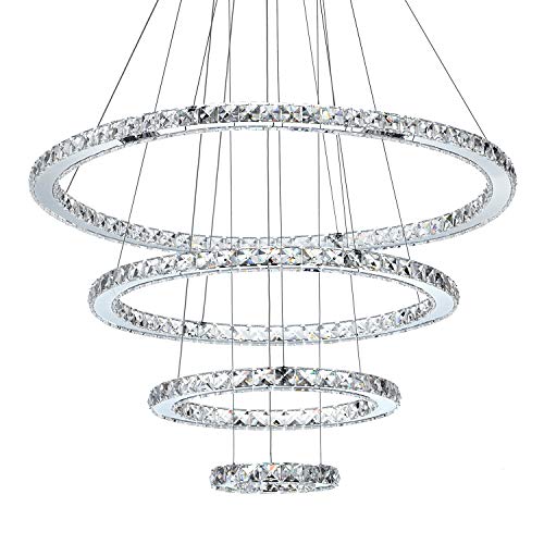 Crystal Chandeliers Modern LED Ceiling Lights Fixtures Pendant Lighting Dining Room Chandelier Contemporary Adjustable Stainless Steel Cable 4 Rings DIY Design D31.5+23.6"+15.7"+7.8" (31.5")