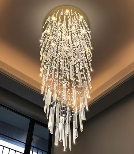 98'' Modern Crystal Chandelier High Ceiling Chandeliers for Entryway Large Raindrop Chandeliers LED Dimmable Flush Mount Light Fixtures for Staircaes Foyer Hallway Living Room LED Bulbs Included Gold (D32'' x H100'' Gold)