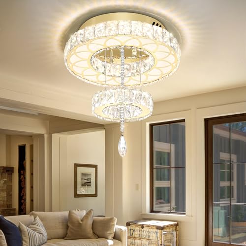 Dia 16inch Modern Gold Crystal Chandeliers Crystal Ring Chandelier for Hallway Bedroom Living Room Dining Room Dimmable LED Crystal Ceiling Light (Gold / W:16inches)
