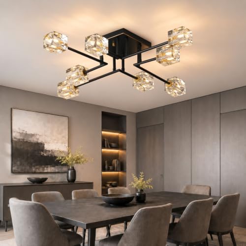 8 Light Crystal Semi Flush Mount Ceiling Light (Black+Gold (8-light))