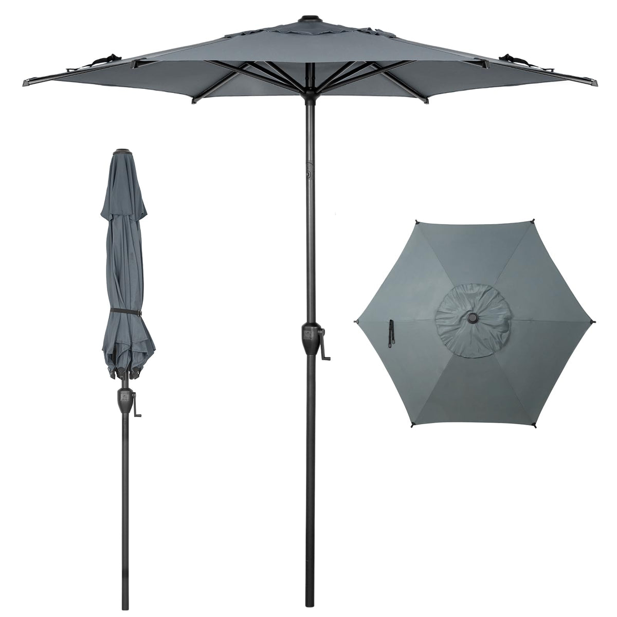 7.5FT Lyon Outdoor Patio Umbrella Outdoor Table Umbrella with Push Button Tilt and Crank Market Umbrella 6 Sturdy Ribs UV Protection Waterproof for Garden Deck Backyard Pool Grey (7.5 FT(6 Ribs) / Grey)