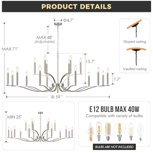 18 Light Nickel Living Room Chandelier High Ceiling Foyer Candle Chandelier Large Modern 59in Metal Chandeliers Hanging Light for Master Bedroom Dining Room Light Fixture Over Table (Nickel / 59 inch)