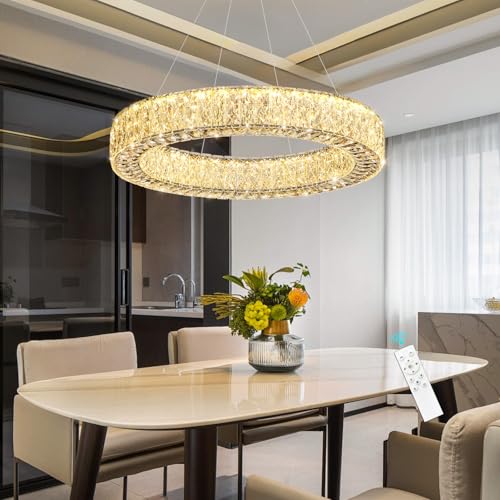 24 Inch Chandelier Glam Dimmable Crystal Chandeliers Luxury Remote Ceiling Pendants Lighting Fixtures for Dining Room Bedrooms Chrome (Silver / Ring 24")