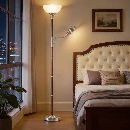 72" Wood Torchiere Floor Lamp with Glass Shade Walnut Standing Lamp (Dark Walnut)