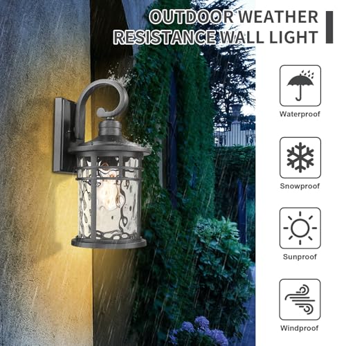 2 PCS Outdoor Porch Lights Wall Mount Sconces with Stone Glass Outdoor Lighting Waterproof Exterior Lantern for House Front Porch Patio Garage Doorway Garden (2Packs-Water Ripple Glass / Large)