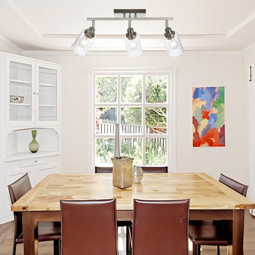 3 Light Brushed Nickel Kitchen Track Lighting Fixtures Ceiling Mount Track Lighting Kit with Bubble Seeded Glass Shade Modern Bathroom Tracking Vanity Lights Ceiling Tracking Accent Shop Light (Brushed Nickel / 3-Light)