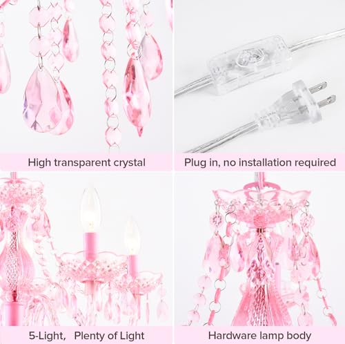Plug in 5 Lights Pink Crystal Hanging Pendant Light Acrylic Chandelier (Pink-L-5)