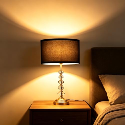Modern Crystal Table Lamp with Gold Base & Black Fabric Shade (Crystal bead column+Black)