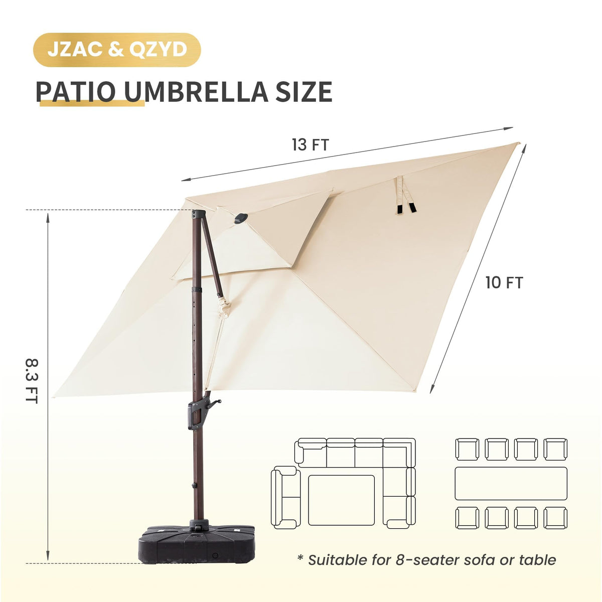 10x13 FT Cantilever Offset Patio Umbrella with Lights & Base (Beige)