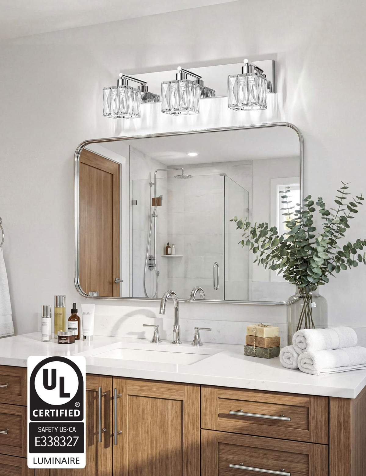3 Light Crystal Bathroom Vanity Light Square (Polished Chrome-Square / 3 Light)