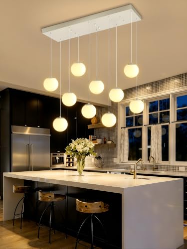 Chandeliers for Living Room Silver Pendant Light with White Globe Glass Dimmable Ceiling Light Rectangular Flush Mount Chandeliers Ceiling Light for Kitchen Island (Silver-White / Rectangle 10-Light)