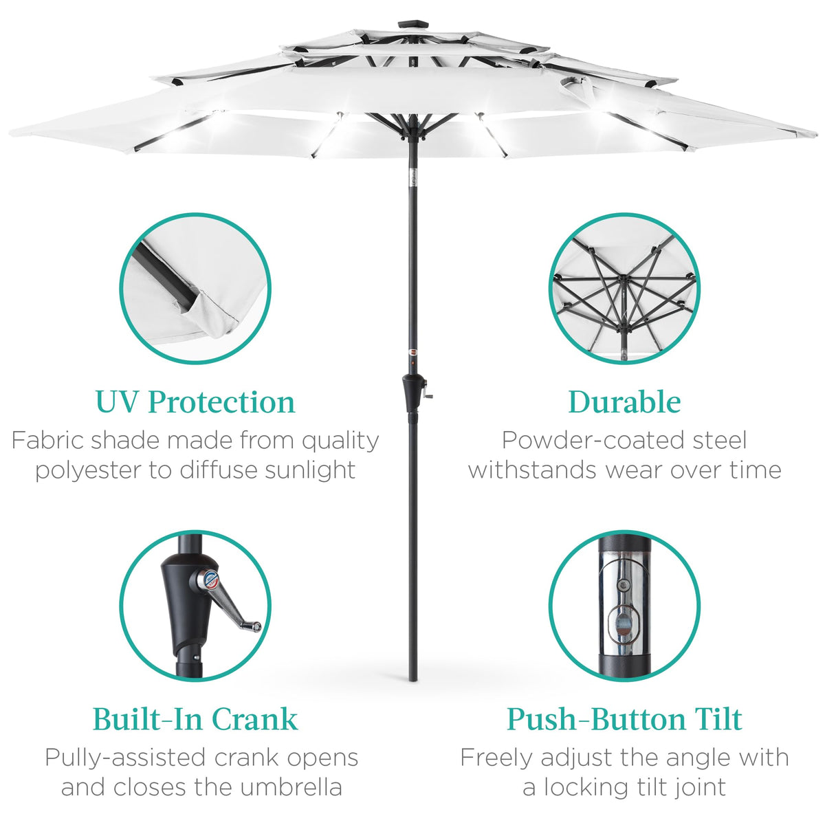 10ft 3 Tier Solar Patio Umbrella (10ft / White)