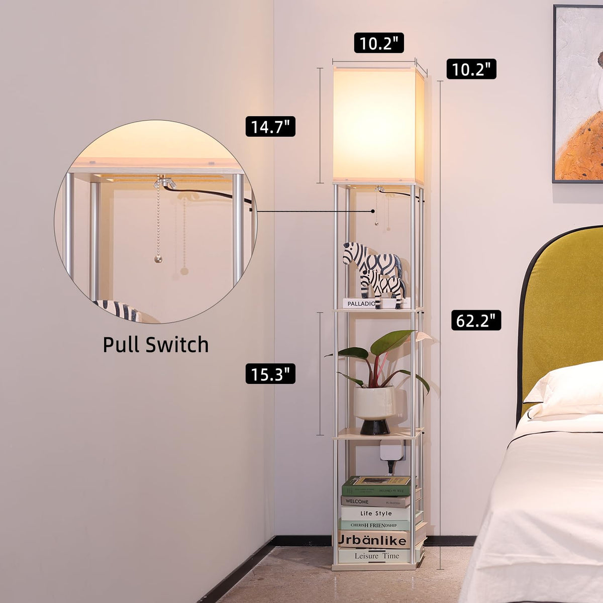 Floor Lamp with Shelves (Beige+Bright Silver-1 Pack)