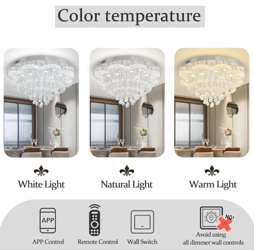 32in Modern Crystal Chandeliers for Living Room LED Crystal Ceiling Light Fixtures Flush Mount Chandelier Ceiling Chandelier for Bedroom Foyer Hallway Dining Room (Silver / 32inch)