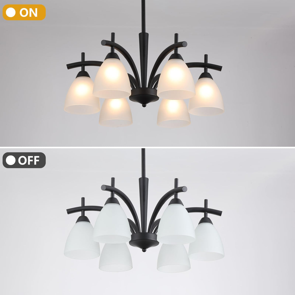 Modern Farmhouse Black Frosted Glass Chandelier Rustic Kitchen Light Fixtures 6 Lights for Dining Room Living Room Foyer Entryway Bedroom UL Listed D25.6 Inches (Black)