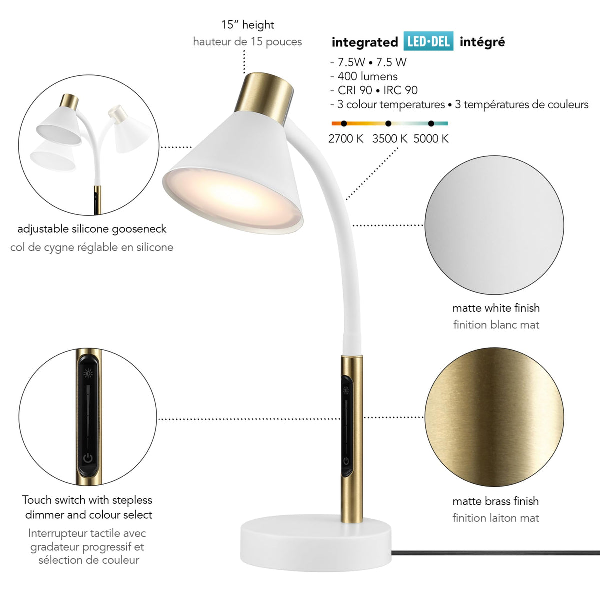 15" LED Integrated Matte White Desk Lamp with Matte Brass Accent and Adjustable Silicone Gooseneck (Matte White, Albert)