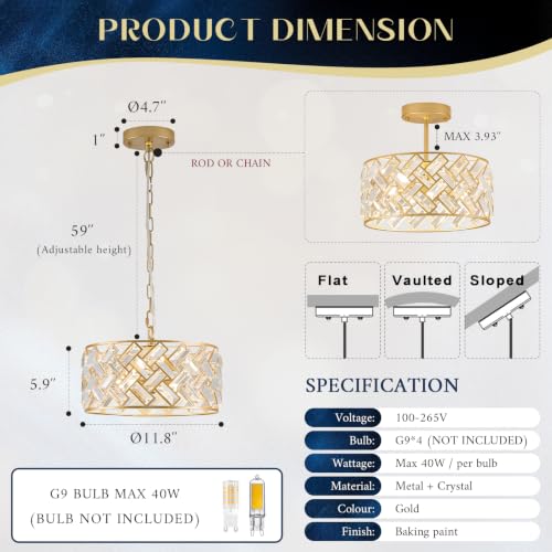 12" Gold Crystal Chandelier 4 (Drum Gold)