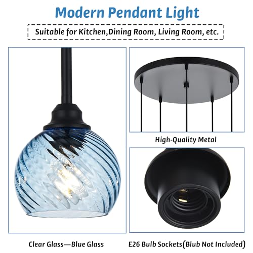 5 Light Cluster Pendant Lighting with Striped Swirl Globe Glass Blue Pendant Light for Kitchen Island (Blue / 5-Light-Round Cluster)