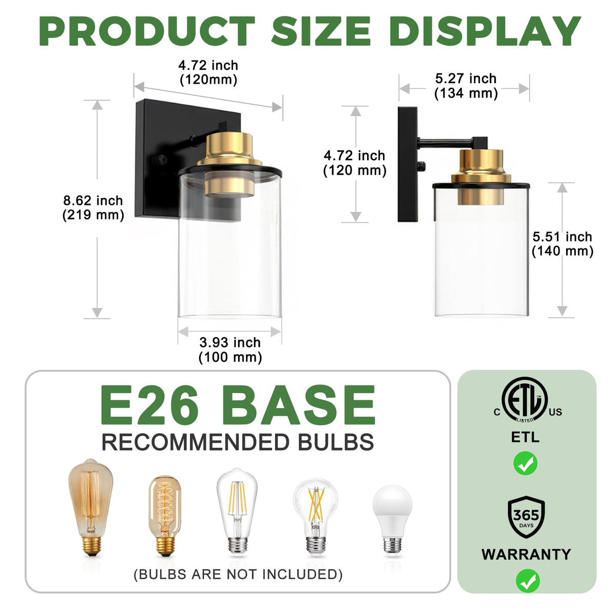 Wall Sconces Set of 2 Bathroom Vanity Light Fixtures (Black and Gold / 1-Light)