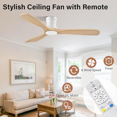 52Inch Wood Flush Mount Ceiling Fans with Lights Remote (Light Wood& White)