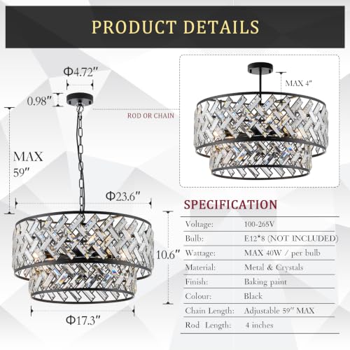 24" Black Crystal Chandelier (Big Drum Black)
