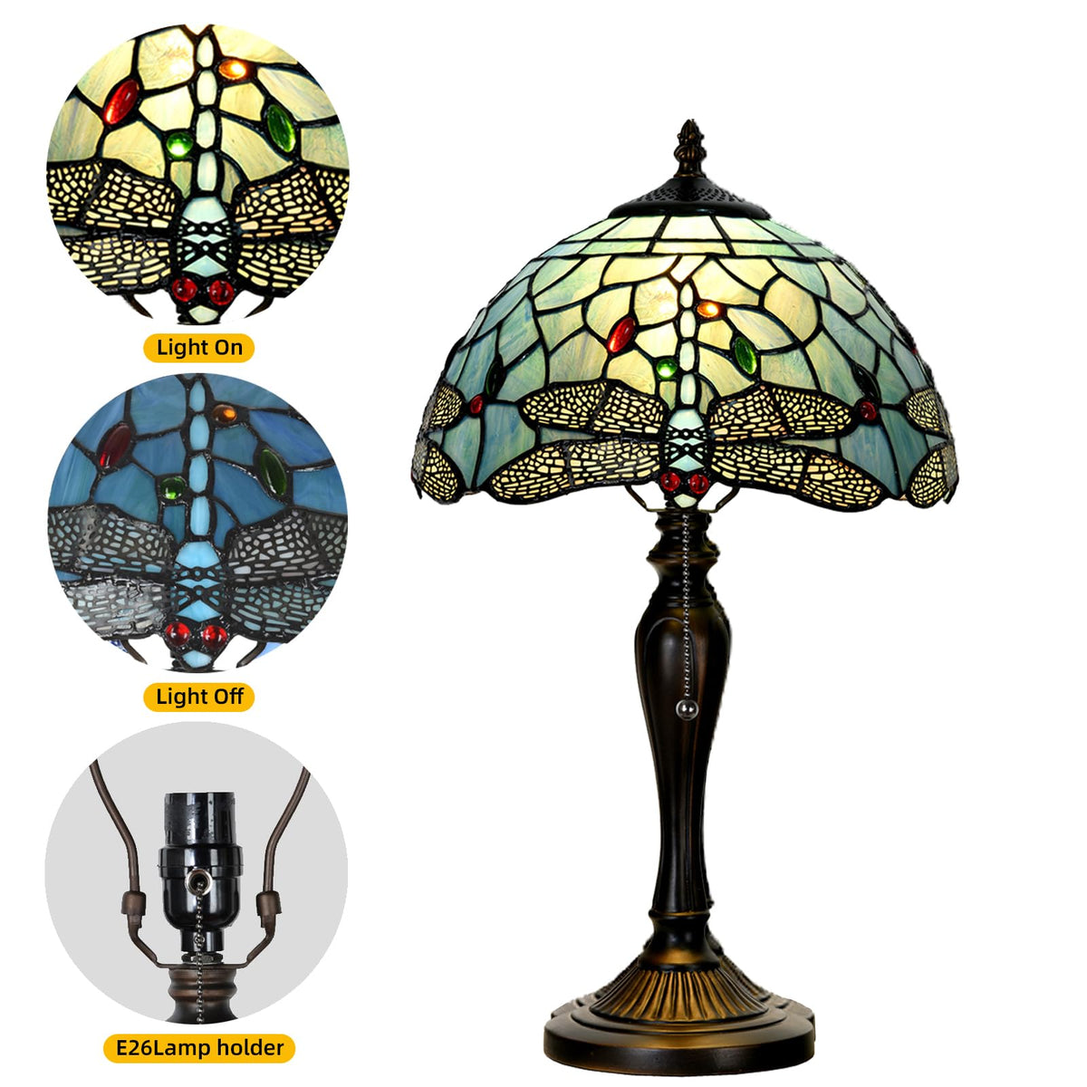 TL0023 Tiffany Style Dragonfly Table Lamp Stained Glass Blue Shade Reading Desk Light 12 X 20 Inches for Bedroom Living Room Home Office (Blue Dragonfly)