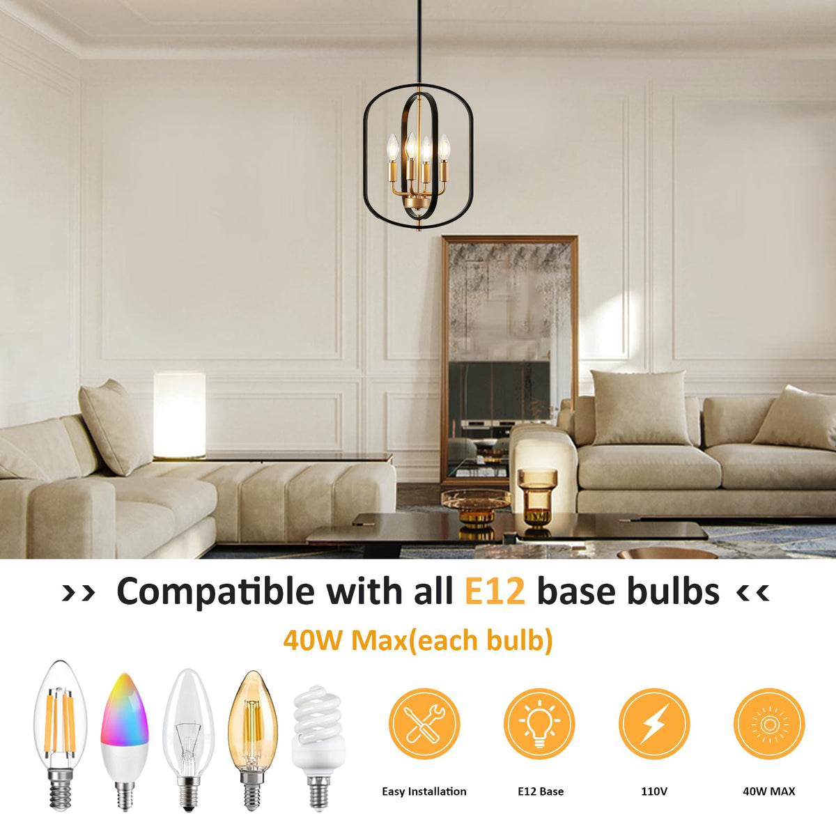Black and Gold Chandelier for Dining Room Light Fixture (4 Light Black Gold)