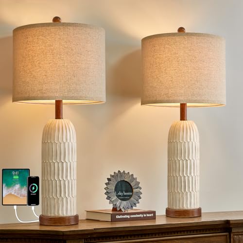 Table Lamp Set of 2 for Bedroom Living Room with USB A+C Charging Ports Modern Farmhouse Bedside End Lamps Rustic Nightstand Lamps