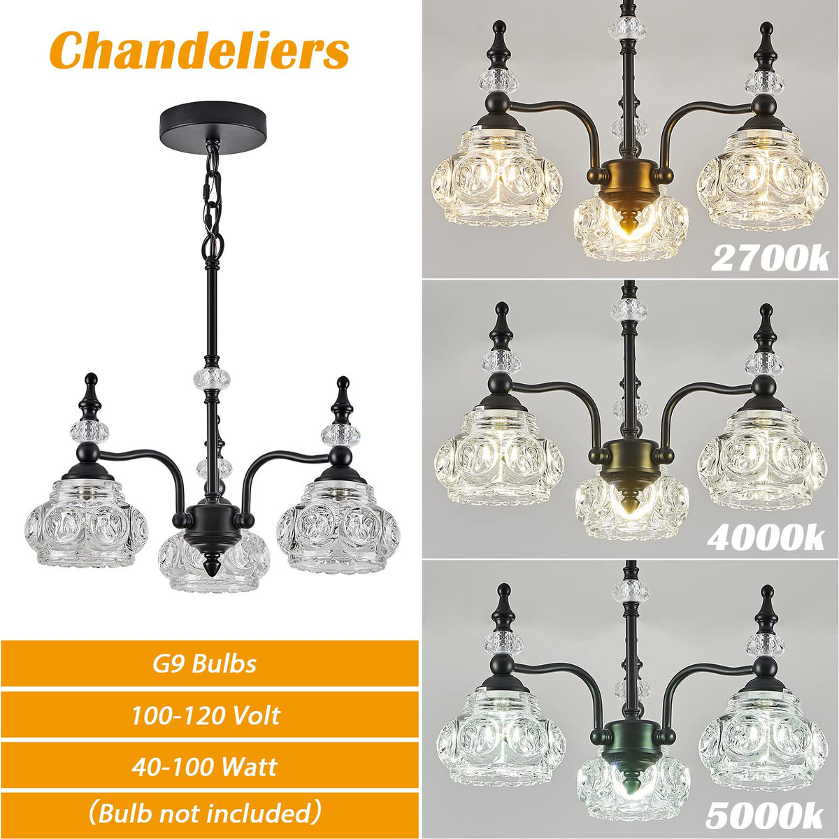 Modern 3 Light Chandeliers Black Kitchen Island Pendant Light for Farmhouse Living Room Bedroom Hotel (3-Light / Black)