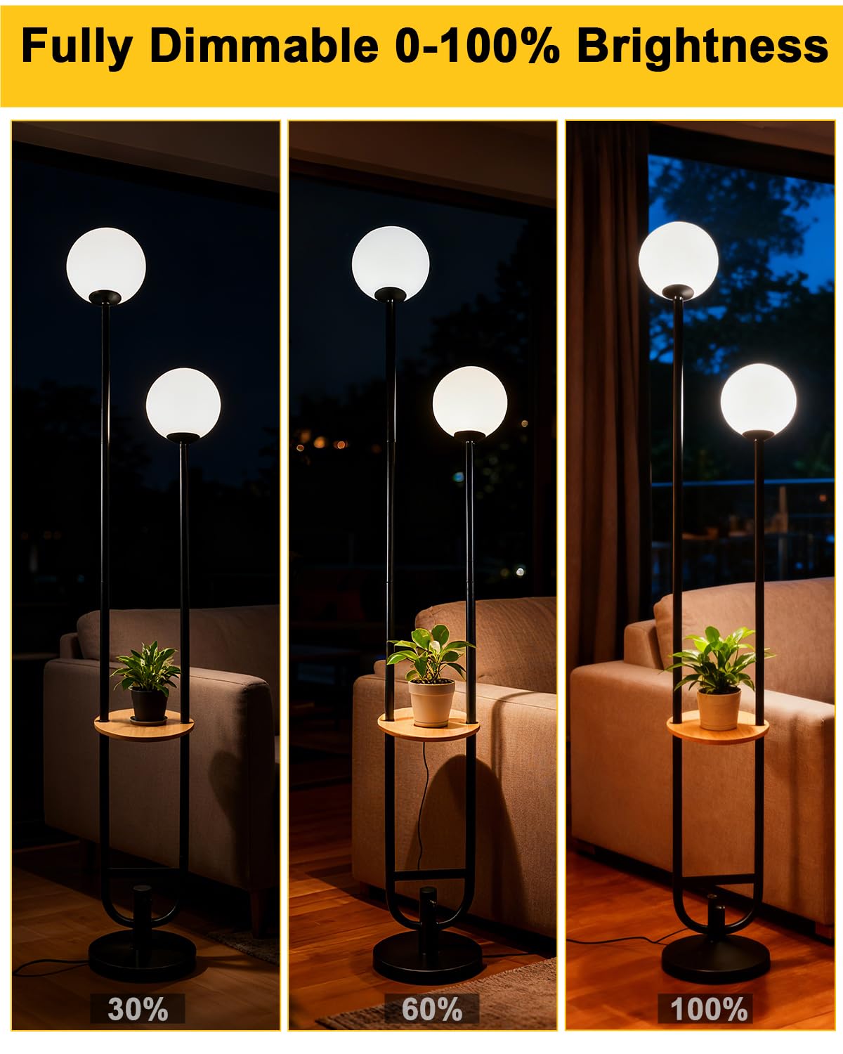 63IN 2 Globe Floor Lamp Dimmable Tall Standing Lamps with Table 3000K Warm White Unique Vintage Modern Mid Century Floor Lamp with 5Lbs Heavy Base for Living Room (Black-2U)