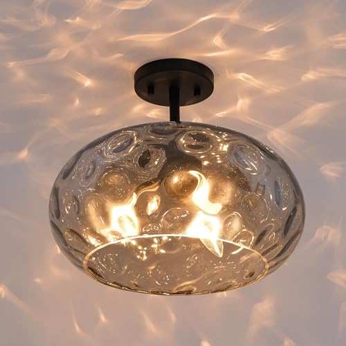 Matte Black Semi Flush Mount Ceiling Fixture Large Smoked Hammered Glass Shade Modern Close to Ceiling Light 14" Art Lampshade for Hallway Foyer Bedroom (14 Inches / Smoked Glass Shade)