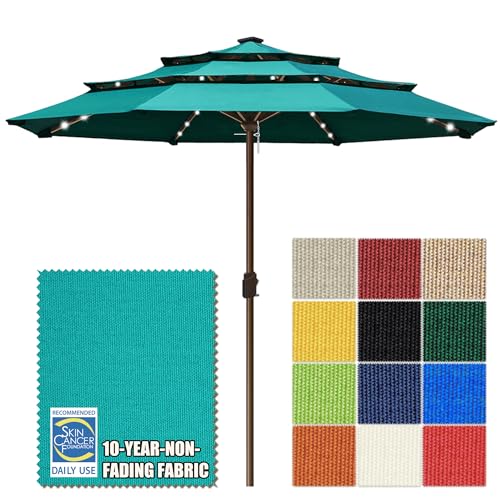 USA 10-Year-Non-Fading 10ft 3-Tier Market Patio Umbrella, Commercial Table Umbrella with 80 Solar LED Lights, Crank Open, Windproof & UPF 50+ UV Protection for Garden, Deck, Pool, Backyard, No Tilt, Teal (Teal / 10FT(Triple Vents No Tilt))