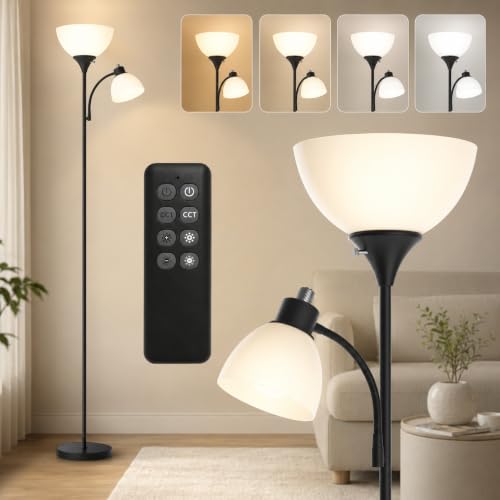 Torchiere Floor Lamp with Remote Control and Adjustable Reading Light (Matte Black)