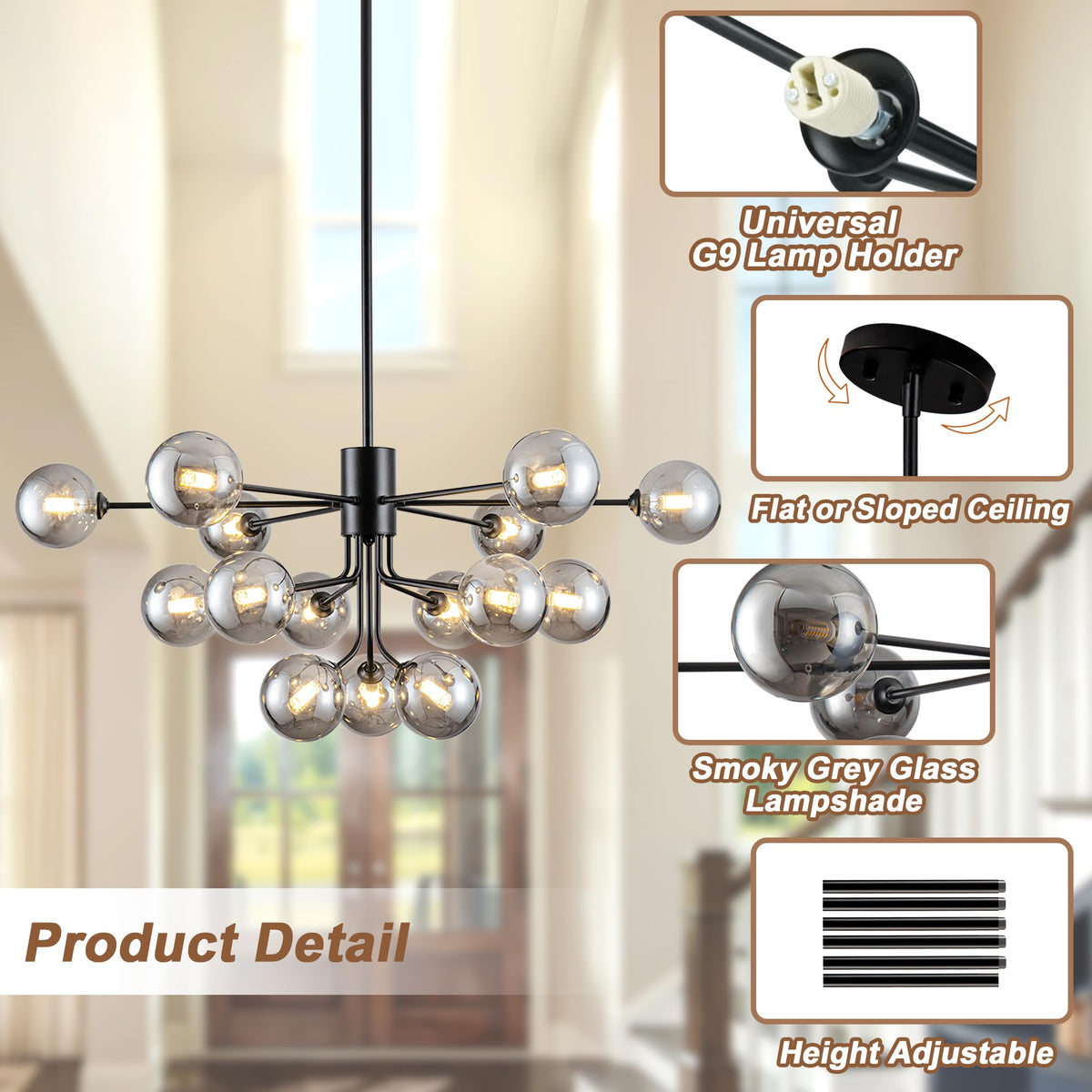 Smoked Glass Chandelier 15 Lights Black Sputnik Chandeliers for Living Room (39.37inch / Black & Grey (15 Lights))