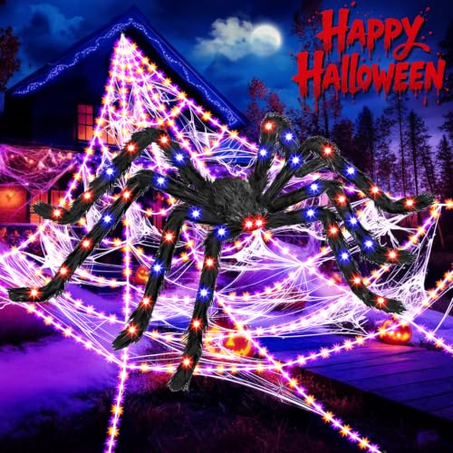 Halloween Decorations Outdoor Lighted Spider & Spider Web Lights Set (Orange & Purple（with Spider）)